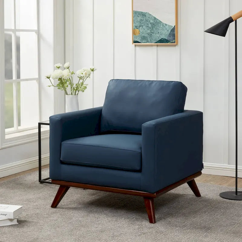 Mid-Century Modern Leather Accent Arm Chair with Birch Wood Legs and Removable Cushions