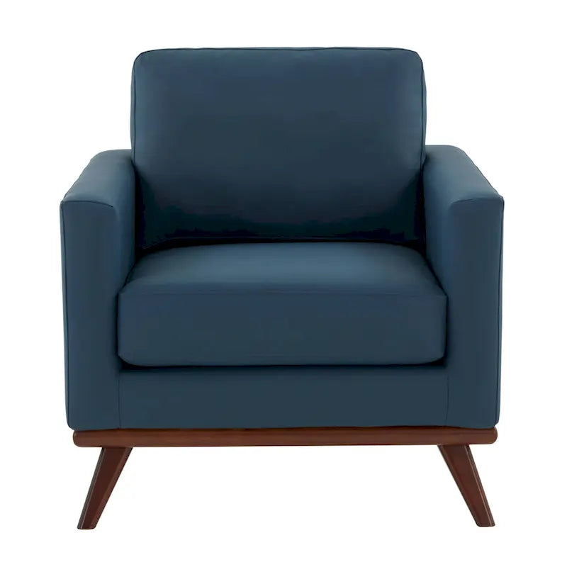Mid-Century Modern Leather Accent Arm Chair with Birch Wood Legs and Removable Cushions