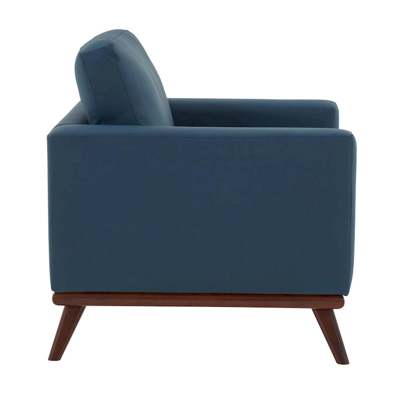 Mid-Century Modern Leather Accent Arm Chair with Birch Wood Legs and Removable Cushions