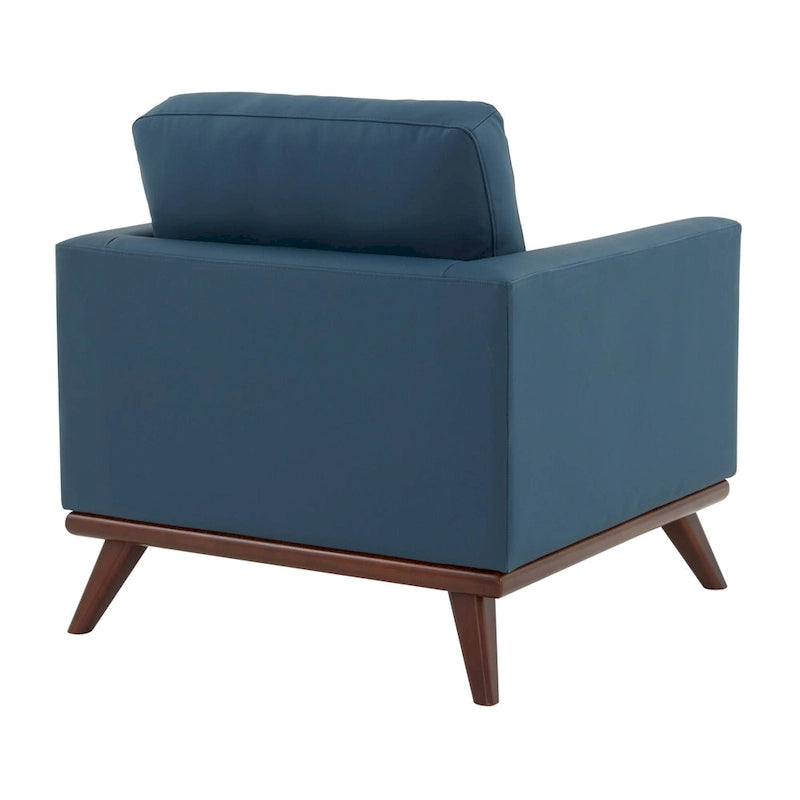 Mid-Century Modern Leather Accent Arm Chair with Birch Wood Legs and Removable Cushions