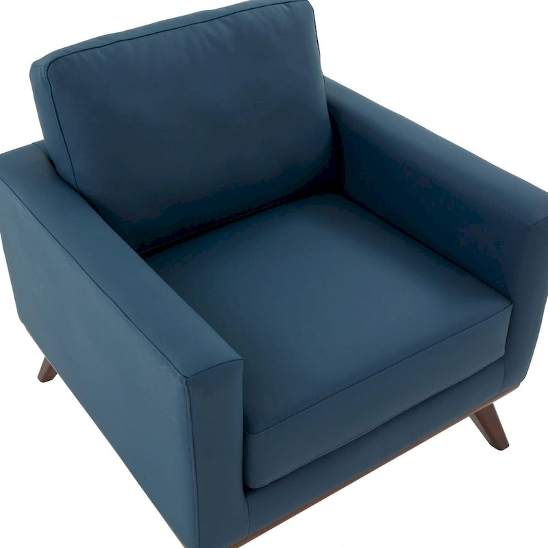 Mid-Century Modern Leather Accent Arm Chair with Birch Wood Legs and Removable Cushions