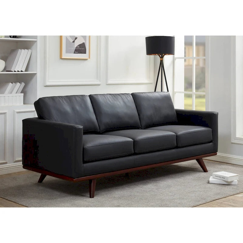 Mid-Century Modern 3-Seater Faux Leather Sofa with Birch Wood Legs and Removable Cushions