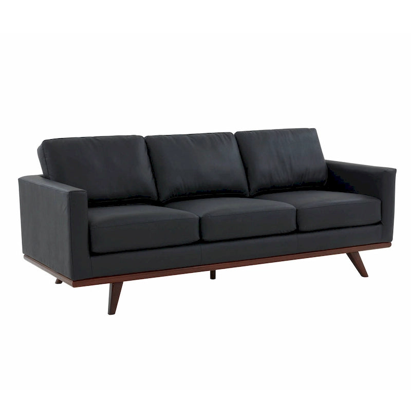 Mid-Century Modern 3-Seater Faux Leather Sofa with Birch Wood Legs and Removable Cushions