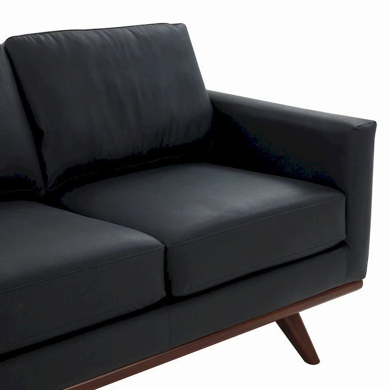 Mid-Century Modern 3-Seater Faux Leather Sofa with Birch Wood Legs and Removable Cushions