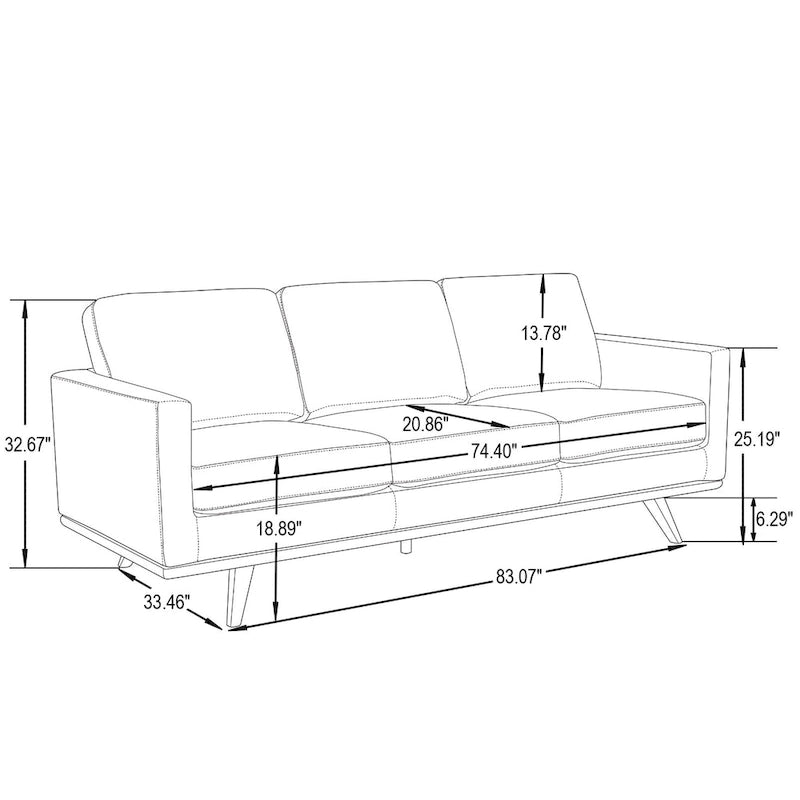 Mid-Century Modern 3-Seater Faux Leather Sofa with Birch Wood Legs and Removable Cushions