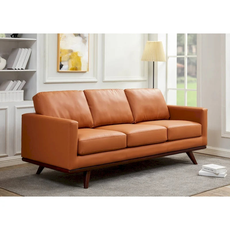 Mid-Century Modern 3-Seater Faux Leather Sofa with Birch Wood Legs and Removable Cushions