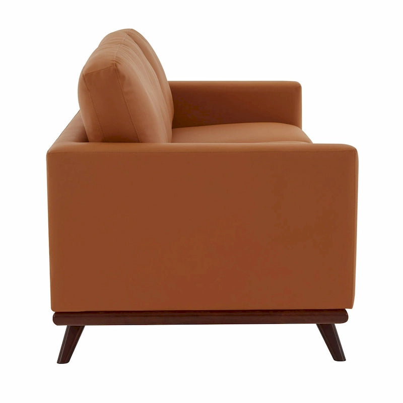 Mid-Century Modern 3-Seater Faux Leather Sofa with Birch Wood Legs and Removable Cushions