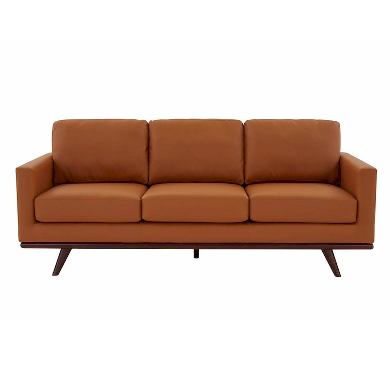 Mid-Century Modern 3-Seater Faux Leather Sofa with Birch Wood Legs and Removable Cushions