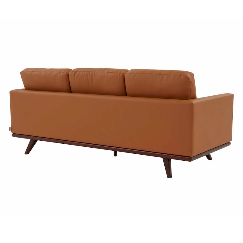 Mid-Century Modern 3-Seater Faux Leather Sofa with Birch Wood Legs and Removable Cushions