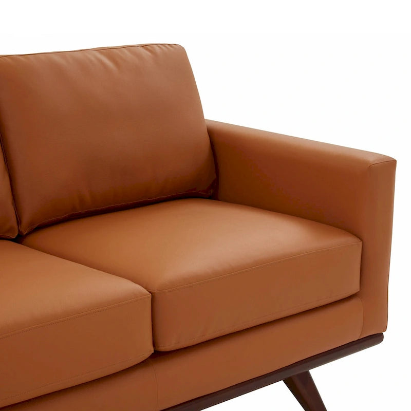 Mid-Century Modern 3-Seater Faux Leather Sofa with Birch Wood Legs and Removable Cushions