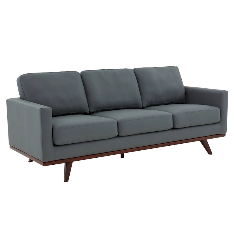 Mid-Century Modern 3-Seater Faux Leather Sofa with Birch Wood Legs and Removable Cushions