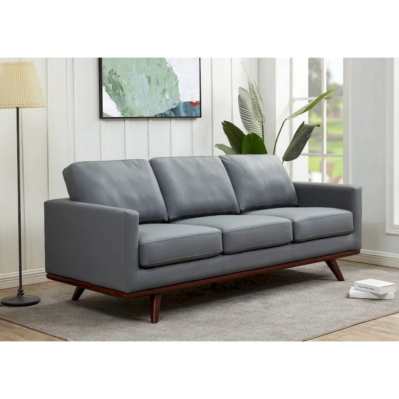 Mid-Century Modern 3-Seater Faux Leather Sofa with Birch Wood Legs and Removable Cushions