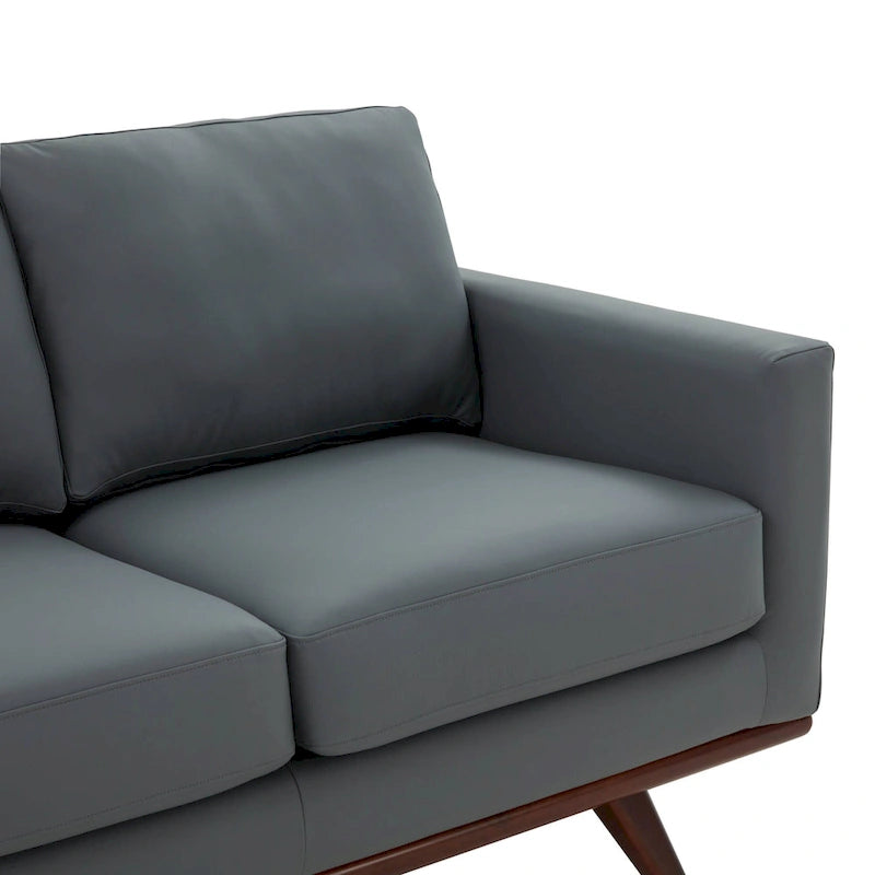 Mid-Century Modern 3-Seater Faux Leather Sofa with Birch Wood Legs and Removable Cushions