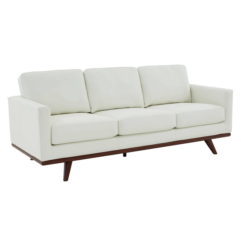 Mid-Century Modern 3-Seater Faux Leather Sofa with Birch Wood Legs and Removable Cushions