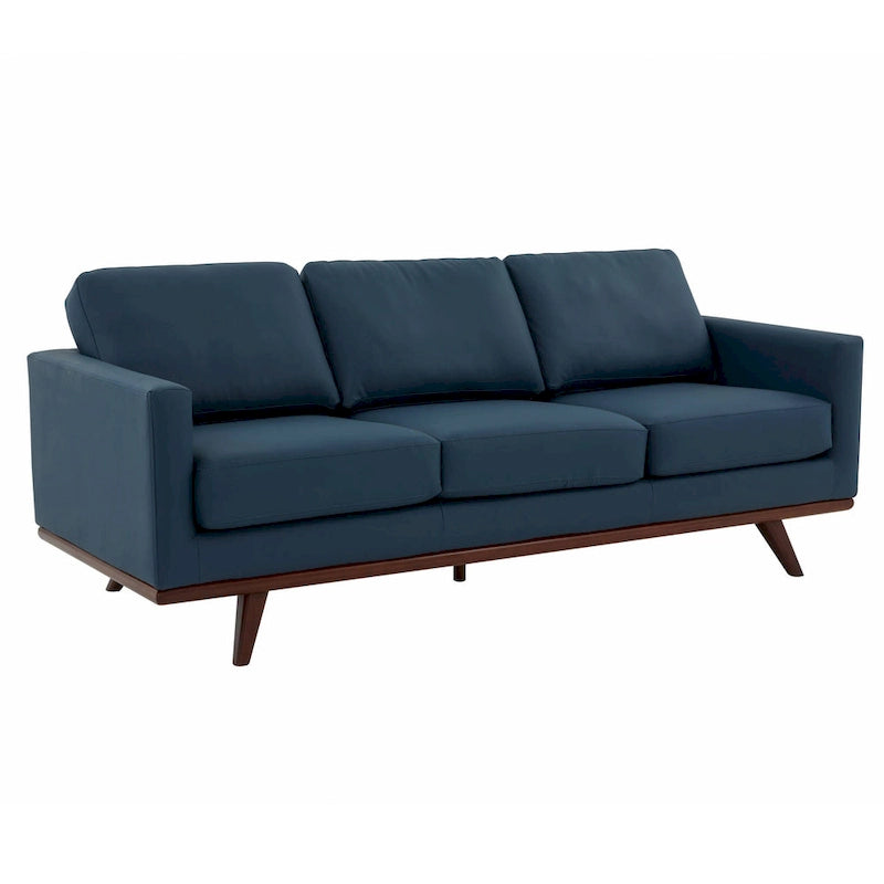 Mid-Century Modern 3-Seater Faux Leather Sofa with Birch Wood Legs and Removable Cushions
