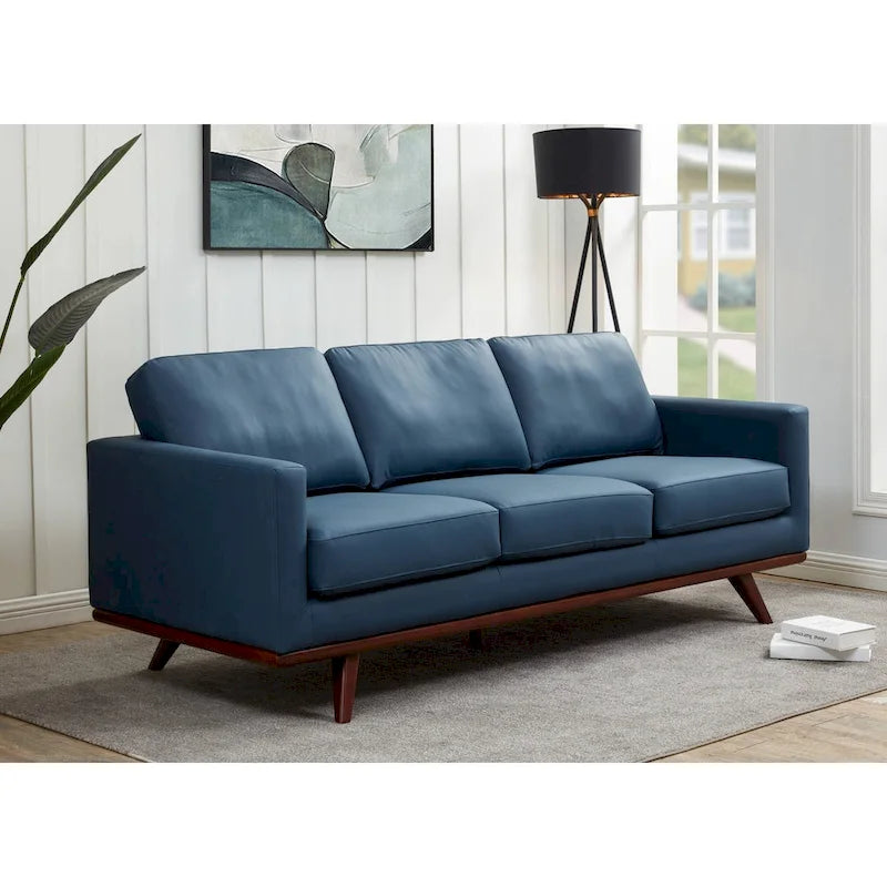 Mid-Century Modern 3-Seater Faux Leather Sofa with Birch Wood Legs and Removable Cushions