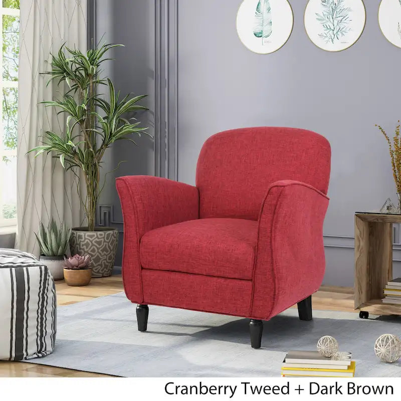 Traditional Tweed Upholstered Armchair with Rounded Back Flared Arms and Turned Birch Legs