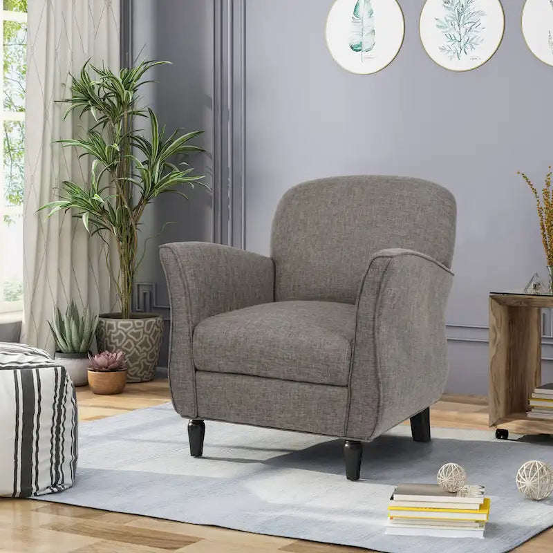 Traditional Tweed Upholstered Armchair with Rounded Back Flared Arms and Turned Birch Legs
