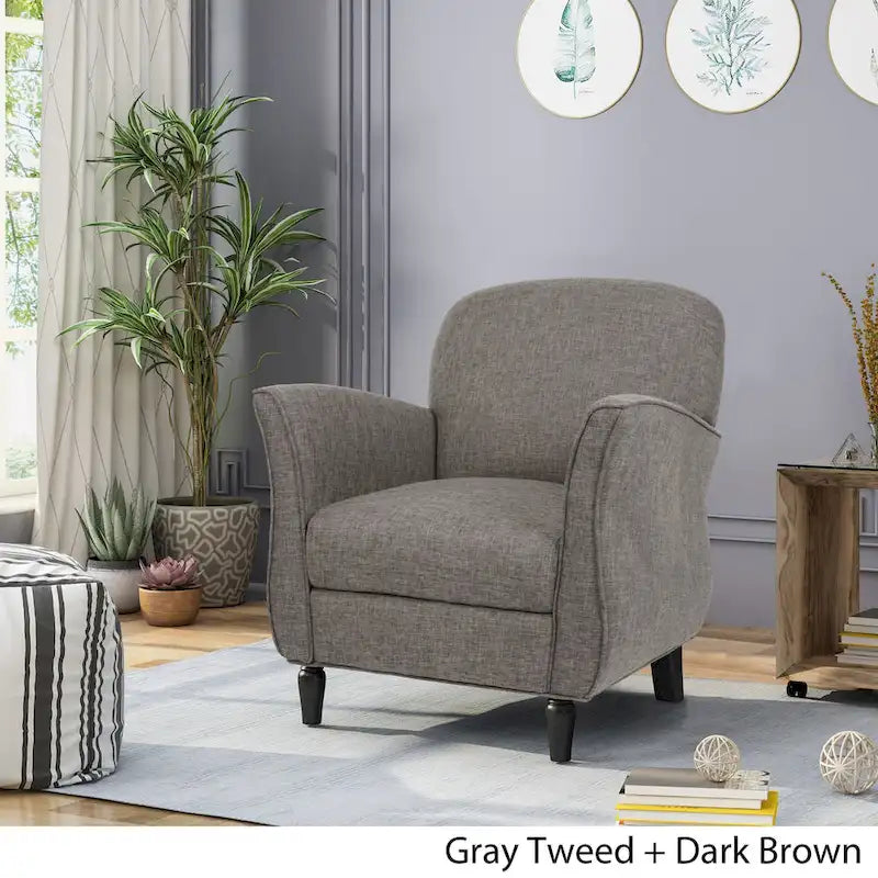 Traditional Tweed Upholstered Armchair with Rounded Back Flared Arms and Turned Birch Legs