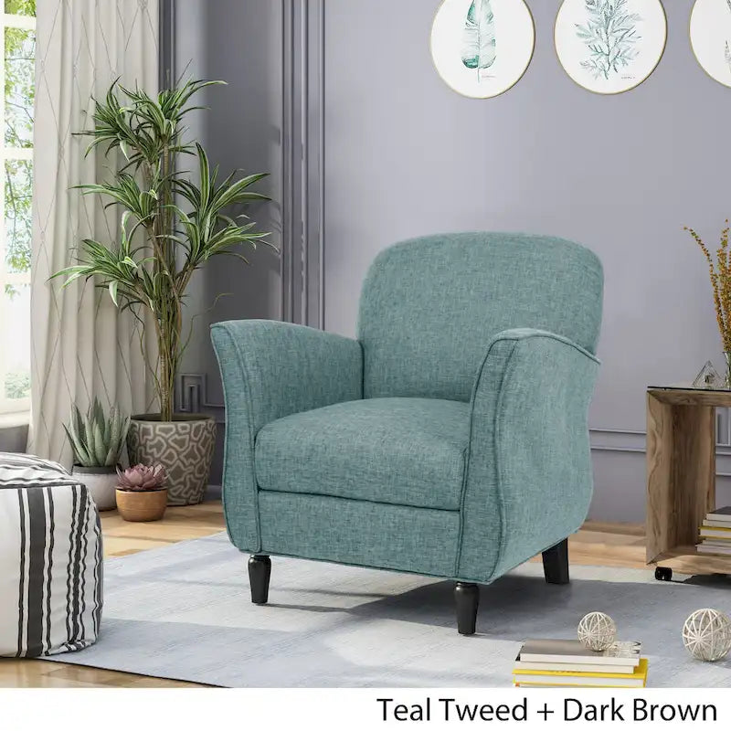 Traditional Tweed Upholstered Armchair with Rounded Back Flared Arms and Turned Birch Legs