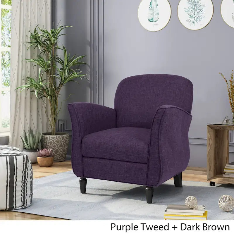 Traditional Tweed Upholstered Armchair with Rounded Back Flared Arms and Turned Birch Legs