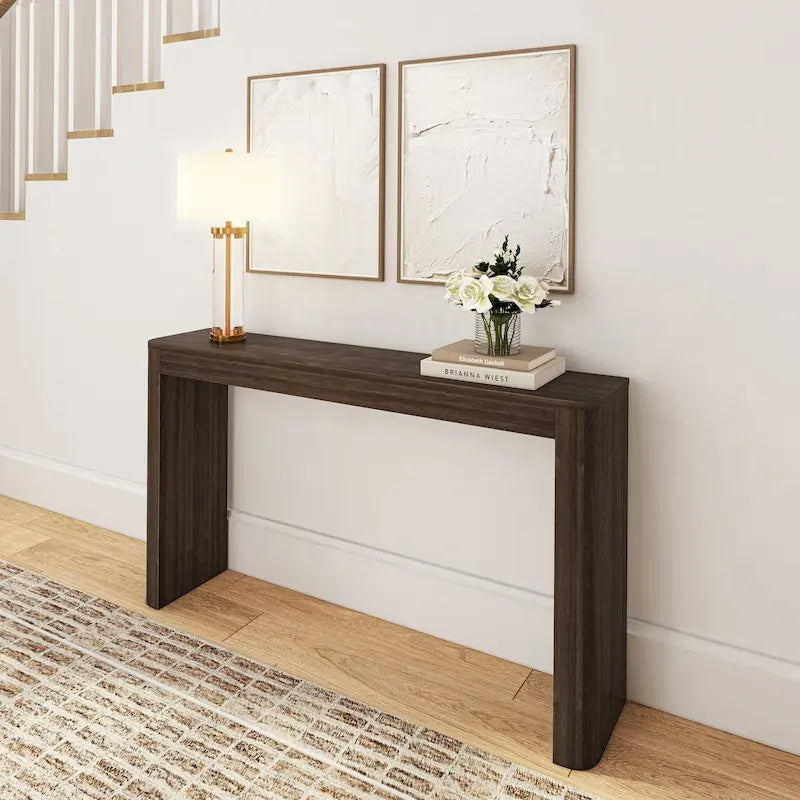 56 Inch Solid Pine Console Table with Curved Silhouette Low-VOC Finish and Flush Hardware in Walnut