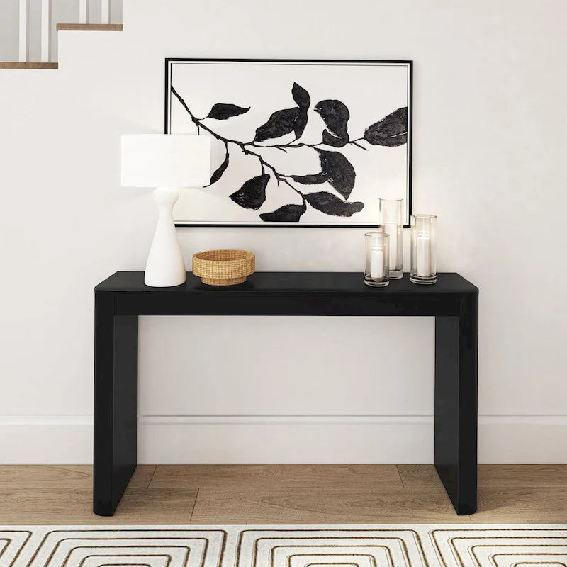 56 Inch Solid Pine Console Table with Curved Silhouette Low-VOC Finish and Flush Hardware in Walnut