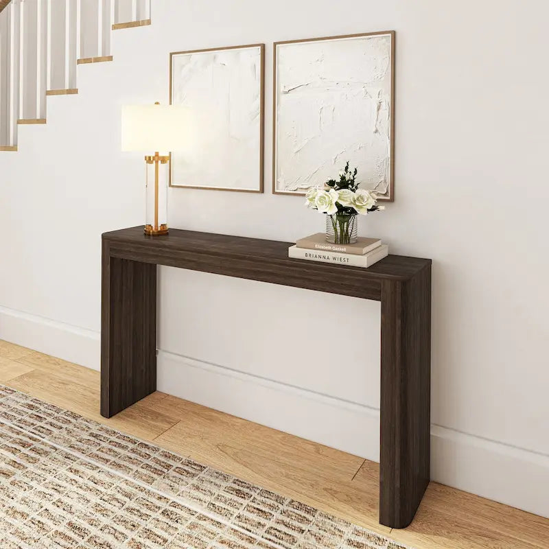 56 Inch Solid Pine Console Table with Curved Silhouette Low-VOC Finish and Flush Hardware in Walnut
