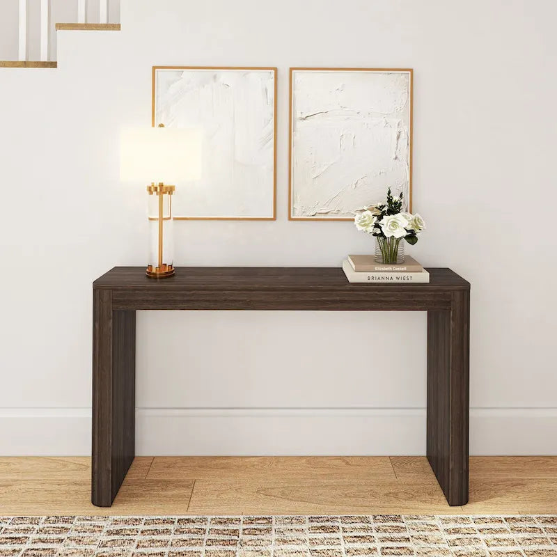 56 Inch Solid Pine Console Table with Curved Silhouette Low-VOC Finish and Flush Hardware in Walnut
