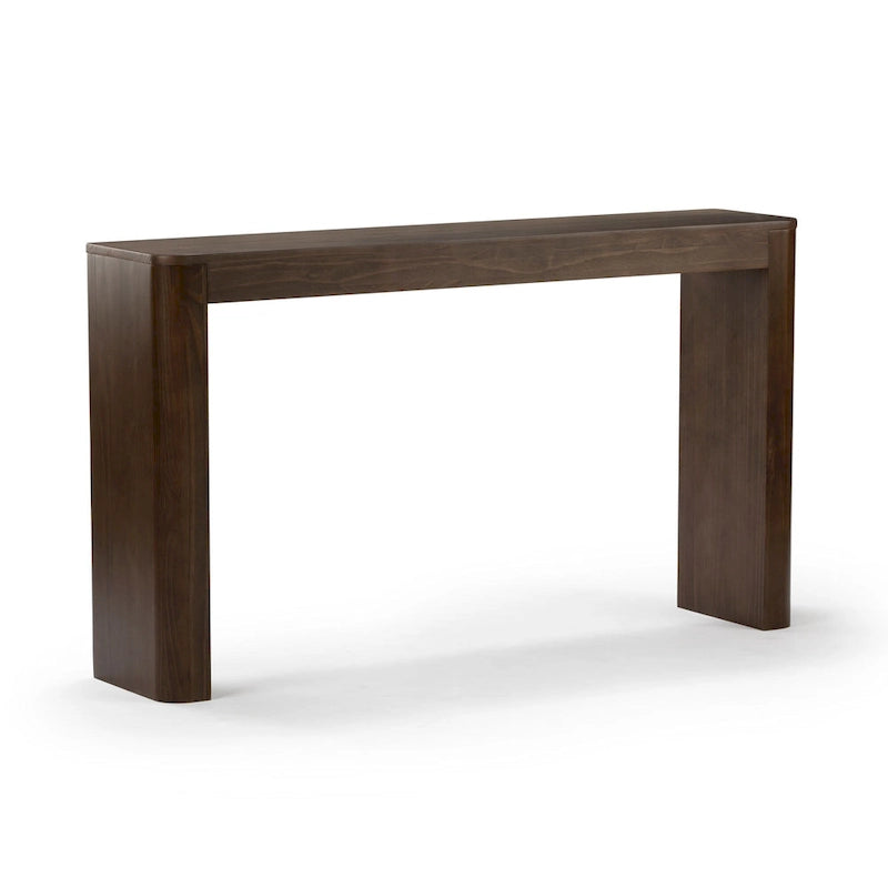 56 Inch Solid Pine Console Table with Curved Silhouette Low-VOC Finish and Flush Hardware in Walnut