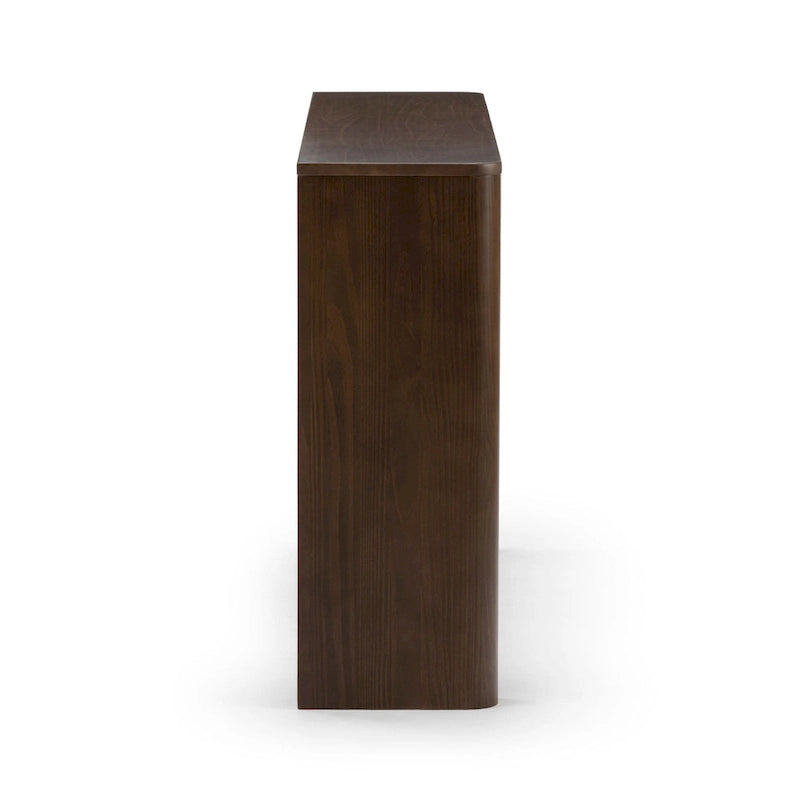 56 Inch Solid Pine Console Table with Curved Silhouette Low-VOC Finish and Flush Hardware in Walnut