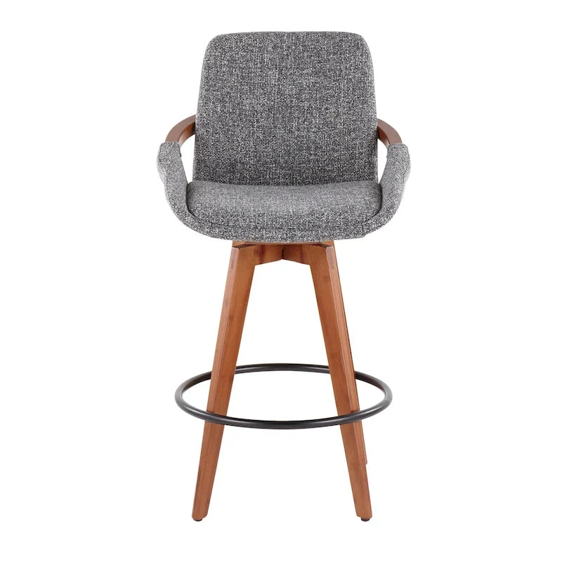 Mid-Century Modern Fixed-Height Swivel Counter Stool with Upholstered Seat Walnut Bamboo Arms and Metal Footrest
