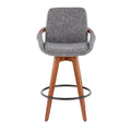 Mid-Century Modern Fixed-Height Swivel Counter Stool with Upholstered Seat Walnut Bamboo Arms and Metal Footrest