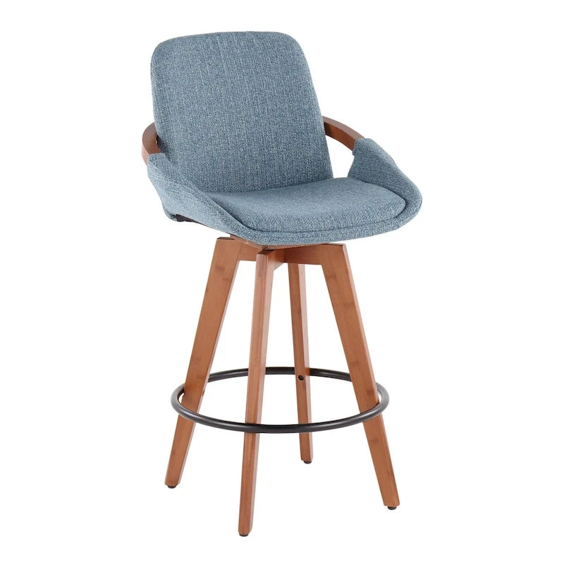 Mid-Century Modern Fixed-Height Swivel Counter Stool with Upholstered Seat Walnut Bamboo Arms and Metal Footrest