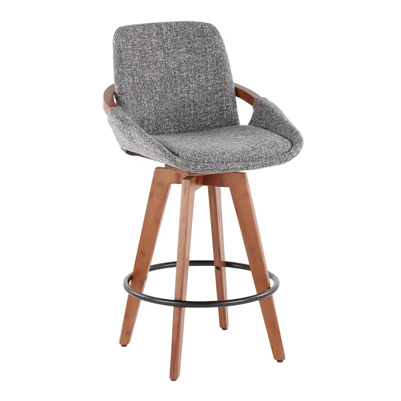 Mid-Century Modern Fixed-Height Swivel Counter Stool with Upholstered Seat Walnut Bamboo Arms and Metal Footrest