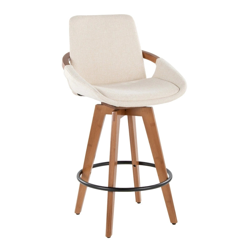 Mid-Century Modern Fixed-Height Swivel Counter Stool with Upholstered Seat Walnut Bamboo Arms and Metal Footrest