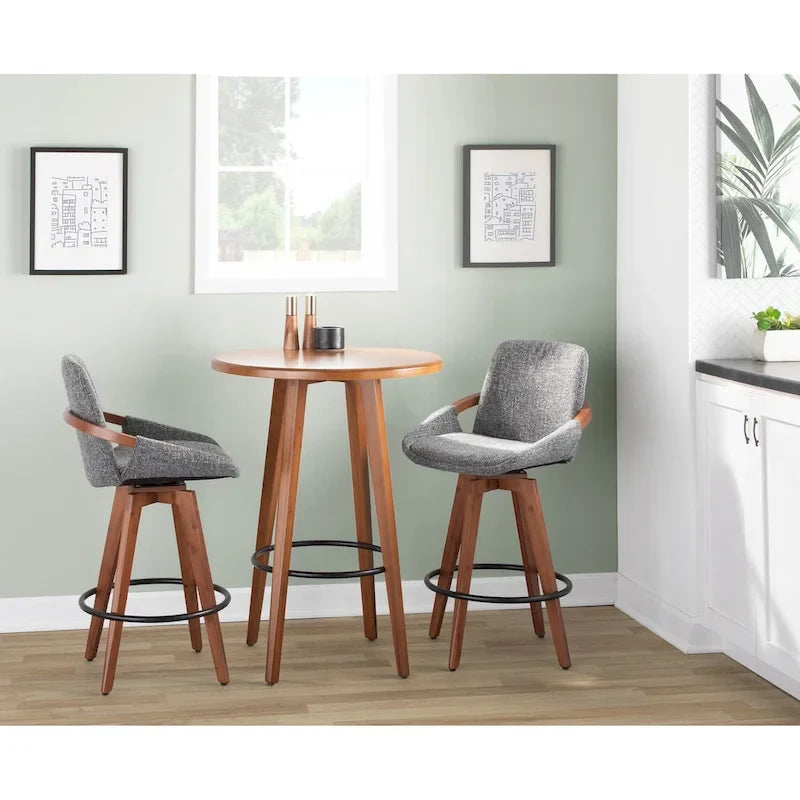 Mid-Century Modern Fixed-Height Swivel Counter Stool with Upholstered Seat Walnut Bamboo Arms and Metal Footrest