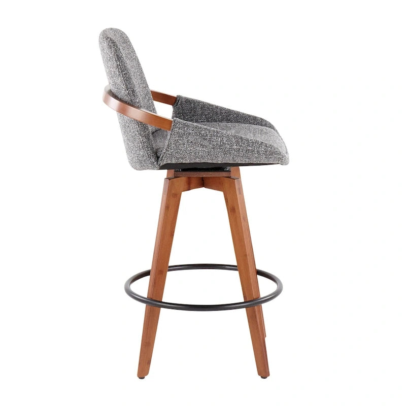Mid-Century Modern Fixed-Height Swivel Counter Stool with Upholstered Seat Walnut Bamboo Arms and Metal Footrest
