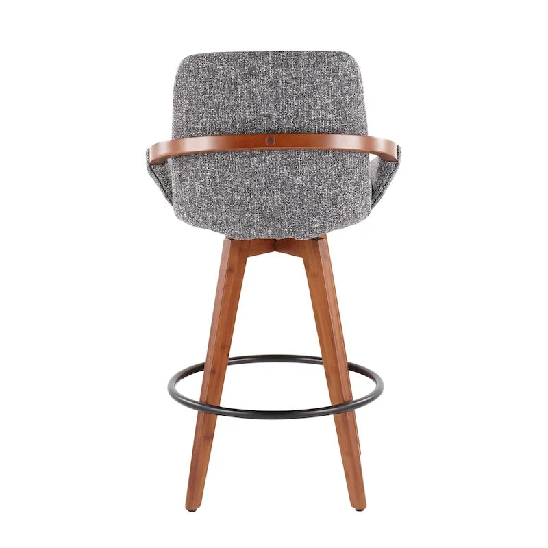 Mid-Century Modern Fixed-Height Swivel Counter Stool with Upholstered Seat Walnut Bamboo Arms and Metal Footrest
