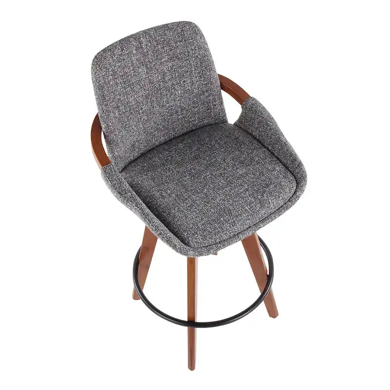 Mid-Century Modern Fixed-Height Swivel Counter Stool with Upholstered Seat Walnut Bamboo Arms and Metal Footrest