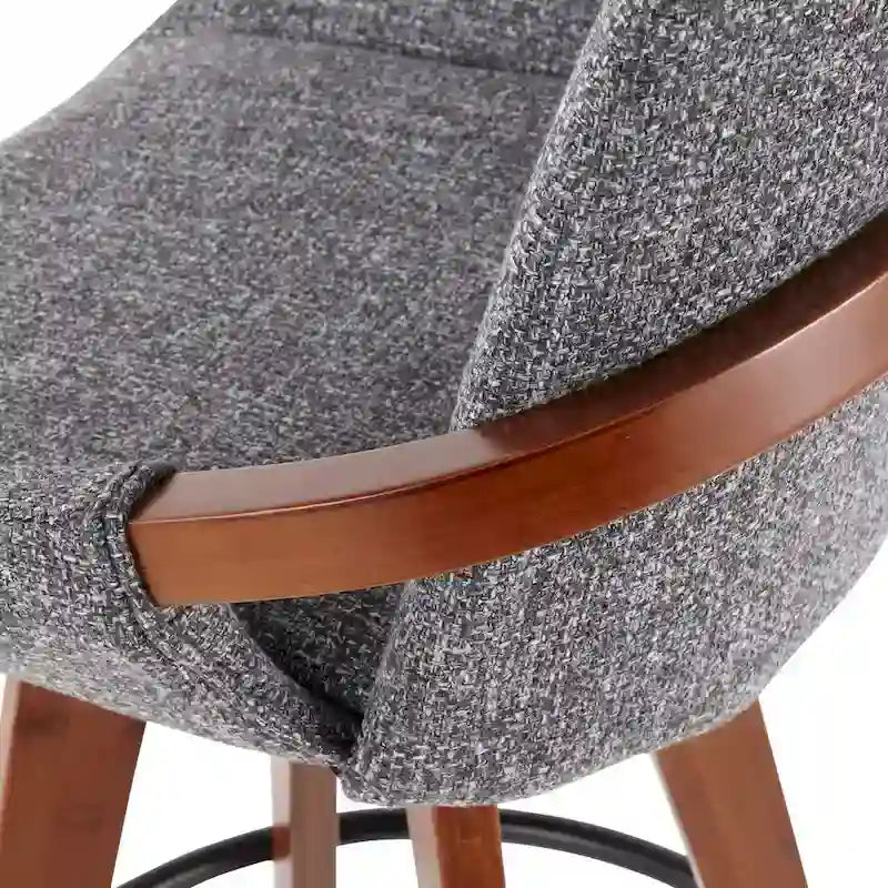 Mid-Century Modern Fixed-Height Swivel Counter Stool with Upholstered Seat Walnut Bamboo Arms and Metal Footrest