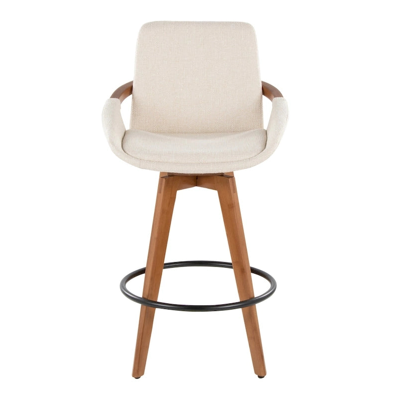 Mid-Century Modern Fixed-Height Swivel Counter Stool with Upholstered Seat Walnut Bamboo Arms and Metal Footrest