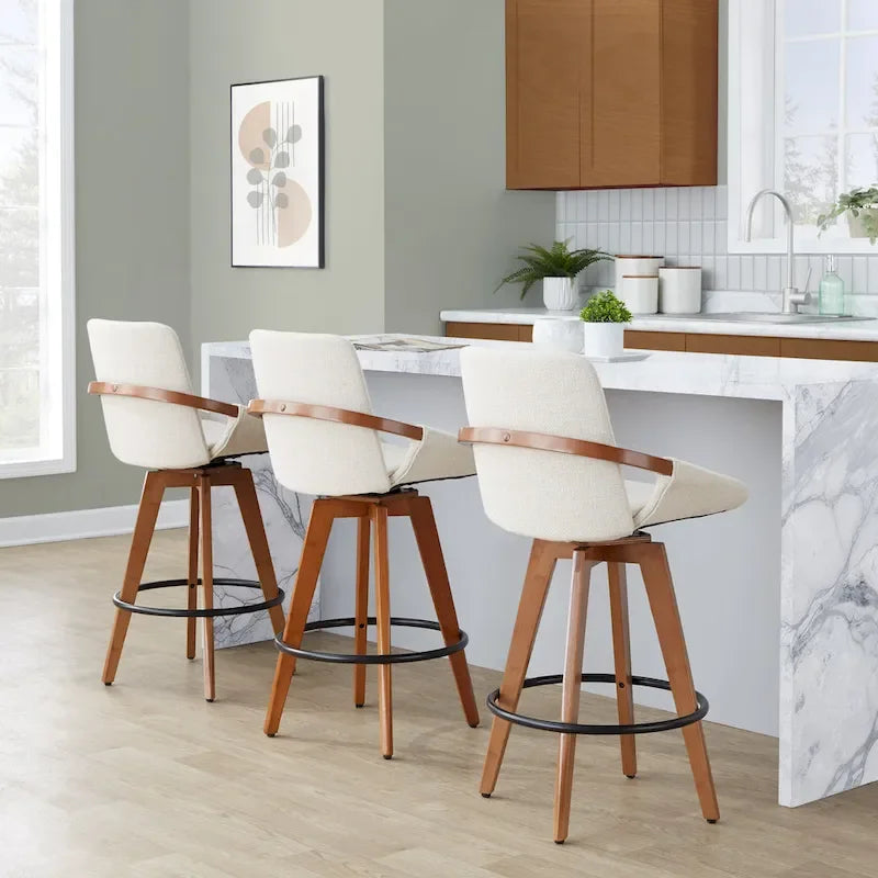 Mid-Century Modern Fixed-Height Swivel Counter Stool with Upholstered Seat Walnut Bamboo Arms and Metal Footrest