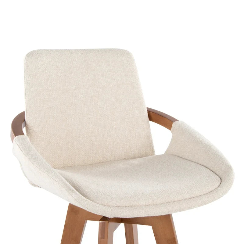 Mid-Century Modern Fixed-Height Swivel Counter Stool with Upholstered Seat Walnut Bamboo Arms and Metal Footrest