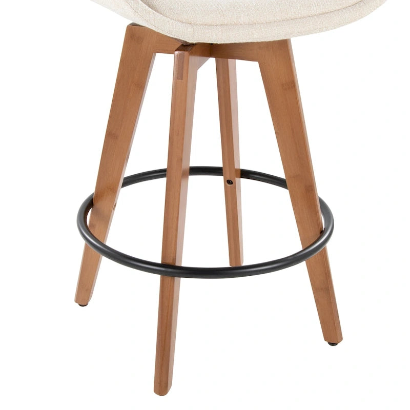 Mid-Century Modern Fixed-Height Swivel Counter Stool with Upholstered Seat Walnut Bamboo Arms and Metal Footrest