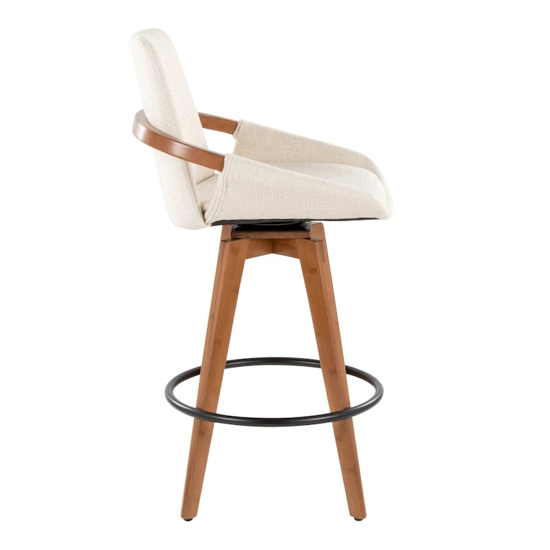 Mid-Century Modern Fixed-Height Swivel Counter Stool with Upholstered Seat Walnut Bamboo Arms and Metal Footrest