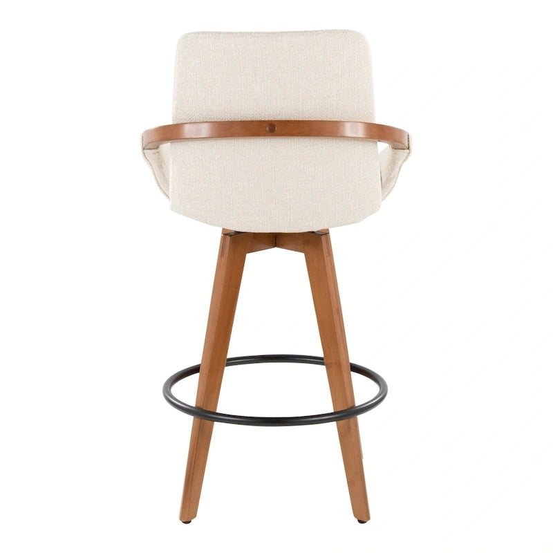Mid-Century Modern Fixed-Height Swivel Counter Stool with Upholstered Seat Walnut Bamboo Arms and Metal Footrest