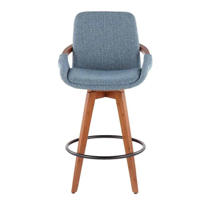 Mid-Century Modern Fixed-Height Swivel Counter Stool with Upholstered Seat Walnut Bamboo Arms and Metal Footrest