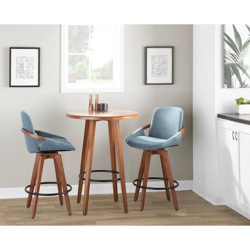 Mid-Century Modern Fixed-Height Swivel Counter Stool with Upholstered Seat Walnut Bamboo Arms and Metal Footrest