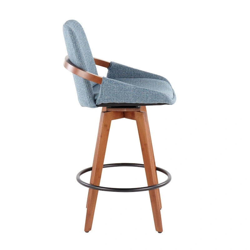 Mid-Century Modern Fixed-Height Swivel Counter Stool with Upholstered Seat Walnut Bamboo Arms and Metal Footrest